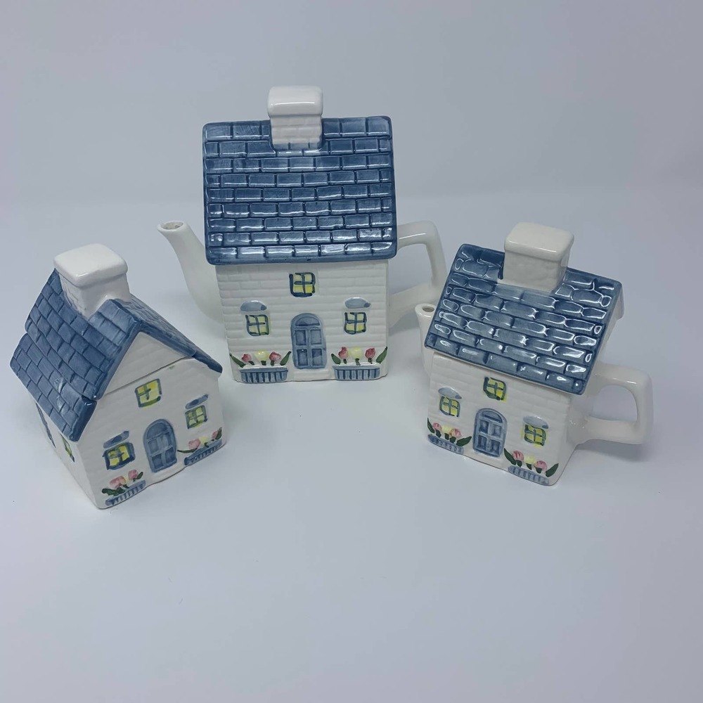 Vintage Ceramic House Teapot Set 90's Home Flower Taiwan Pot, Creamer, Sugar